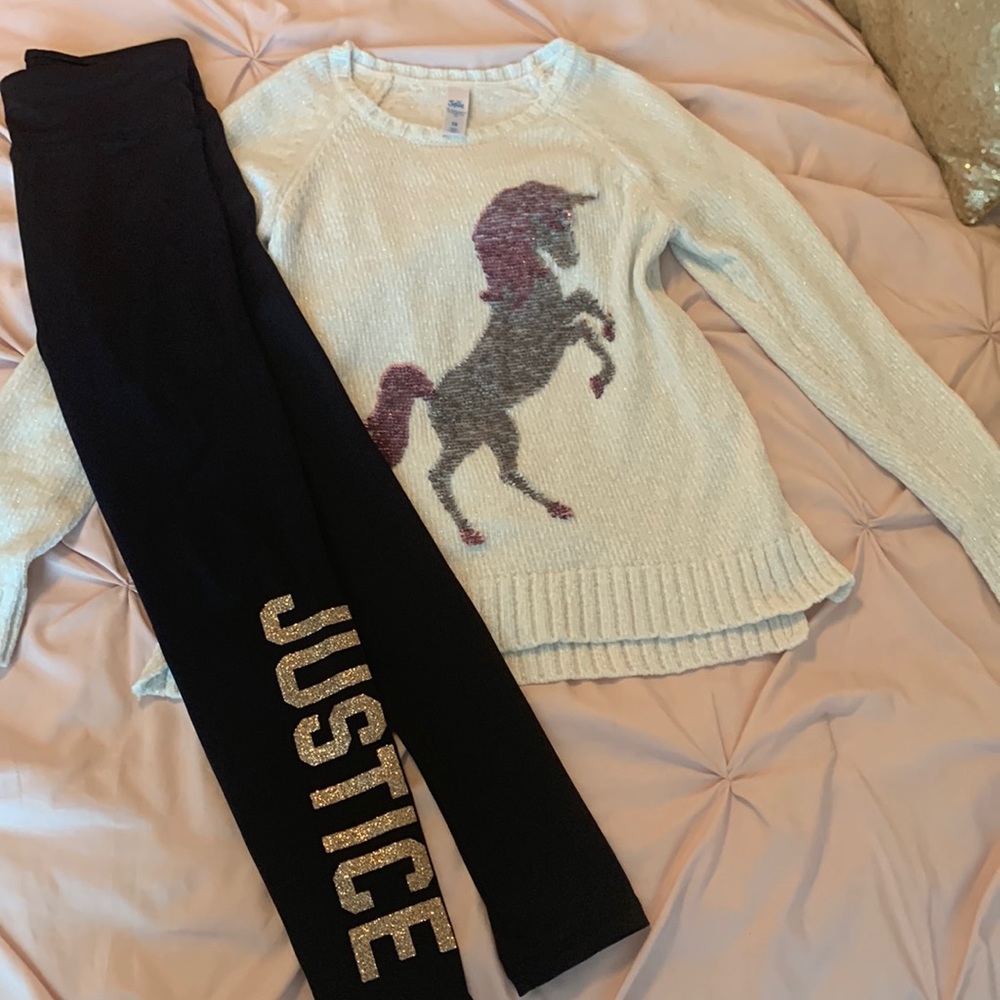 Justice sweater and black leggings